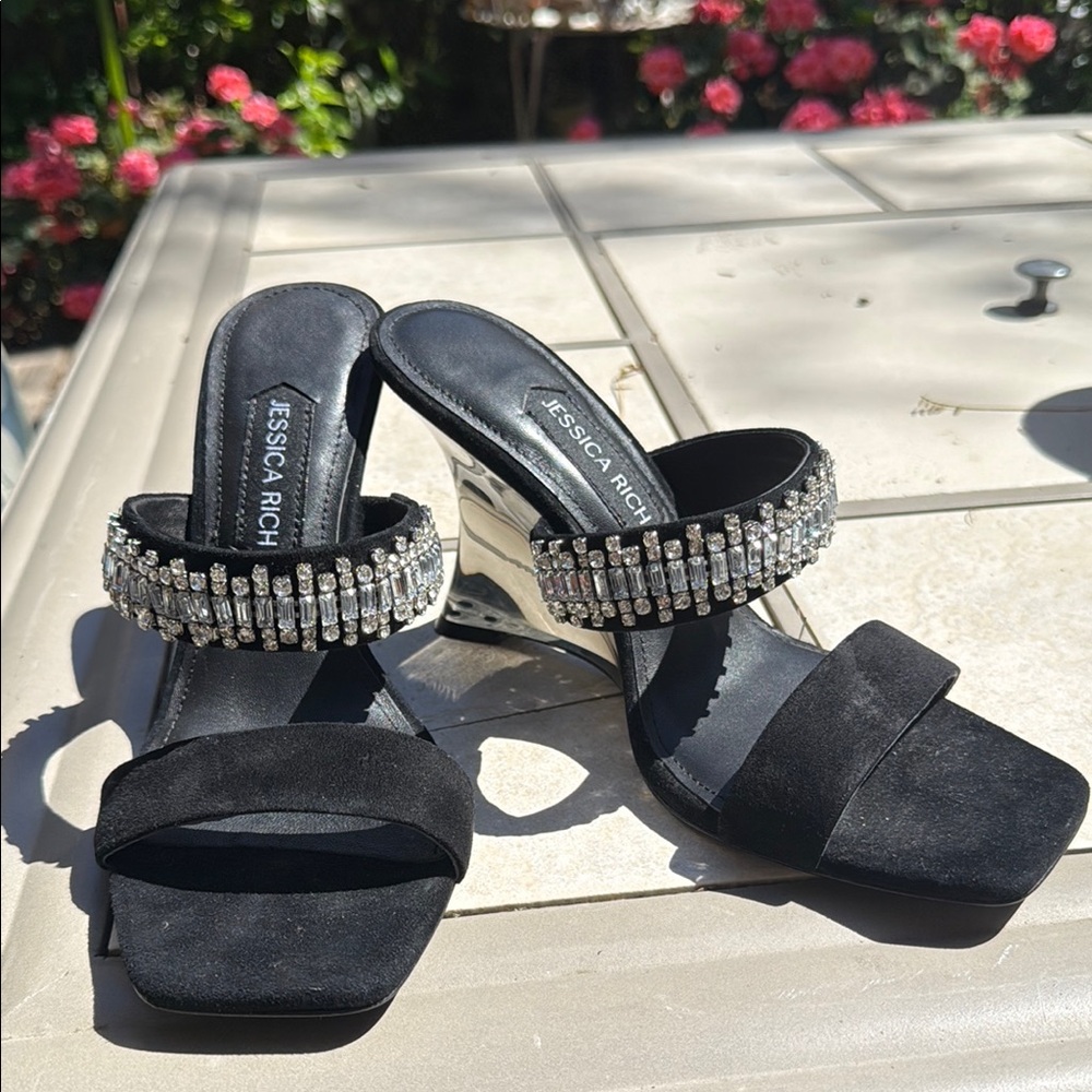 New - Jessica Rich Crystal black suede leather sandals heels shoes  size 40/ 10